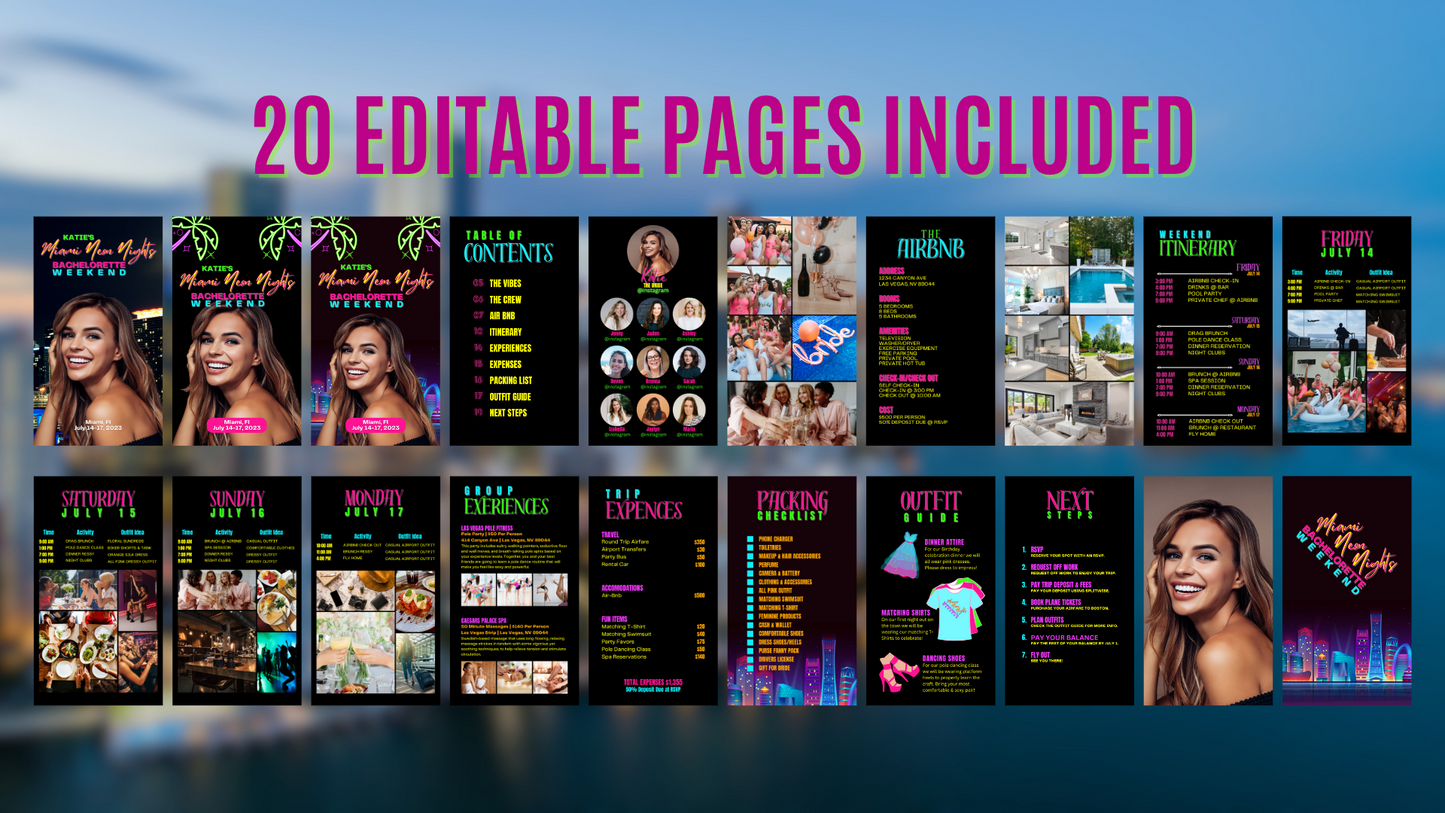 Miami Neon Nights Bachelorette | Digital Itinerary Package | Editable Canva Template